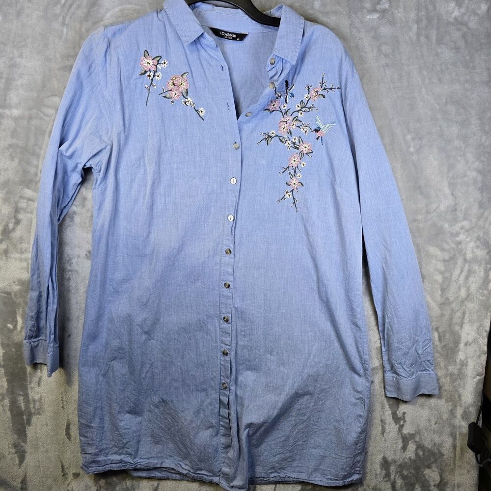 LC Waikiki Tunic Shirt Dress 40 L-XL Blue Embroidered Hummingbird Floral